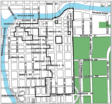 Central Loop TIF district, expired in 2008, was roughly bounded on the north by the Chicago River, Congress Parkway on the south, Michigan Avenue on the east, and Franklin Street on the west.